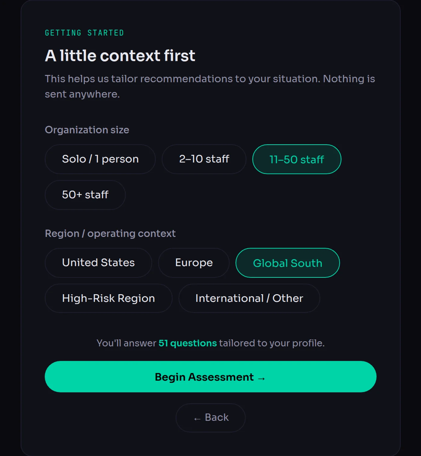The context screen, asking for organization size and operating region