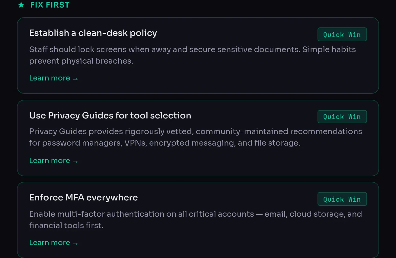 The "Fix First" recommendations, each tagged as a quick win with a link to a free resource