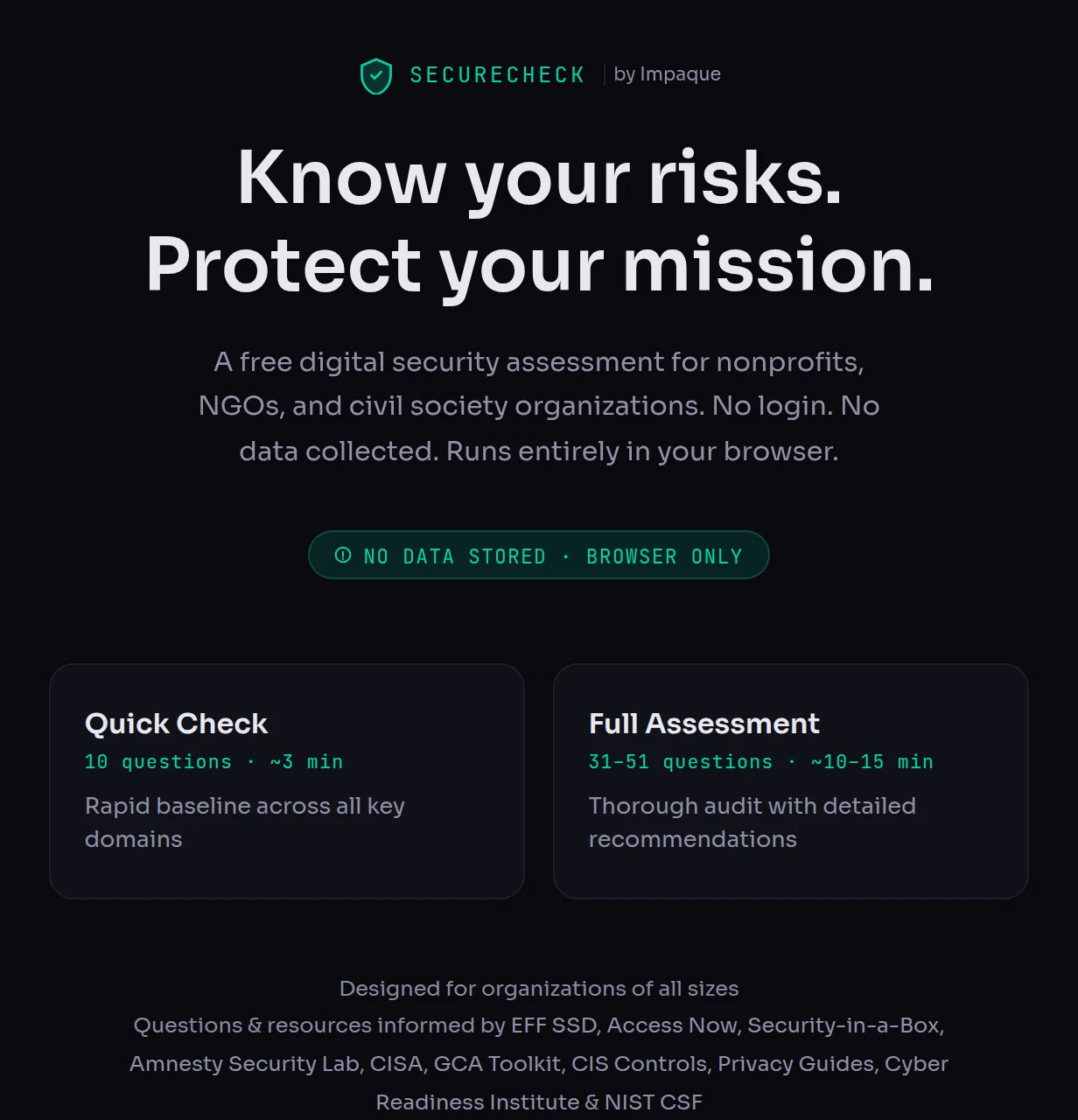 The SecureCheck welcome screen, offering a Quick Check and a Full Assessment